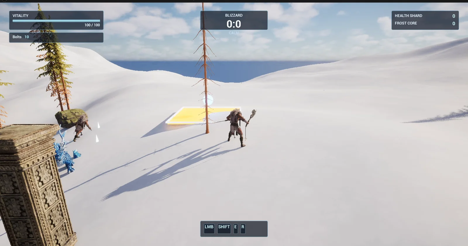 The orange floor zone in the snow with the player standing nearby