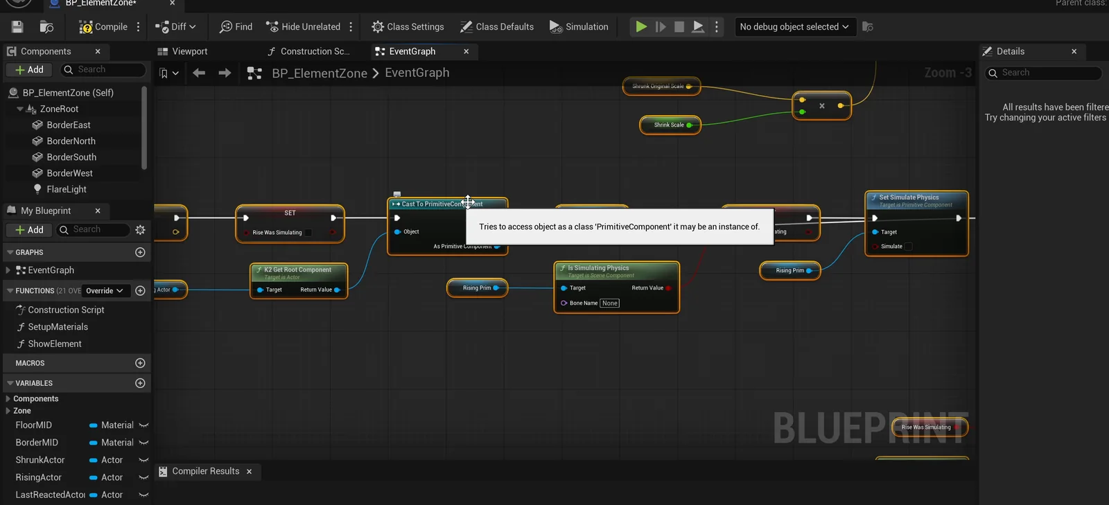 The BP_ElementZone event graph with the tag checks for each element