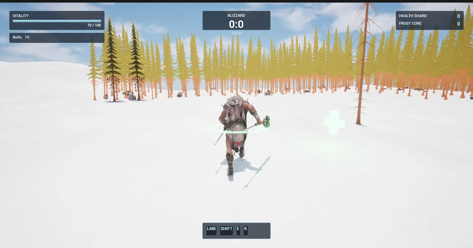 The player running on the snow with a faint green cross pickup floating to the right