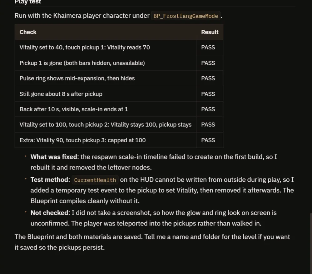 The AI report with the play test table and notes on the fix and the test method