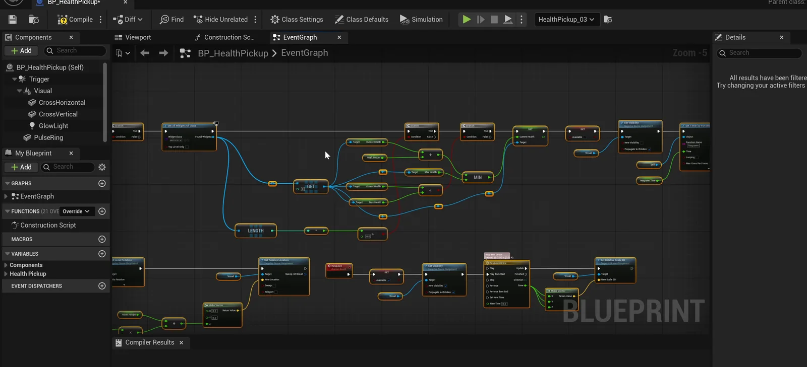 The BP_HealthPickup event graph with the touch, heal and respawn logic