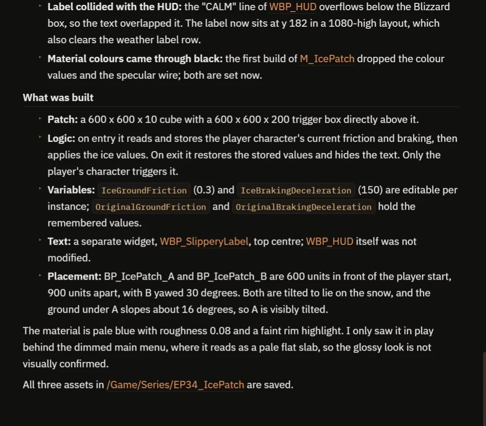 The AI report listing the three fixes, what was built and where the patches sit