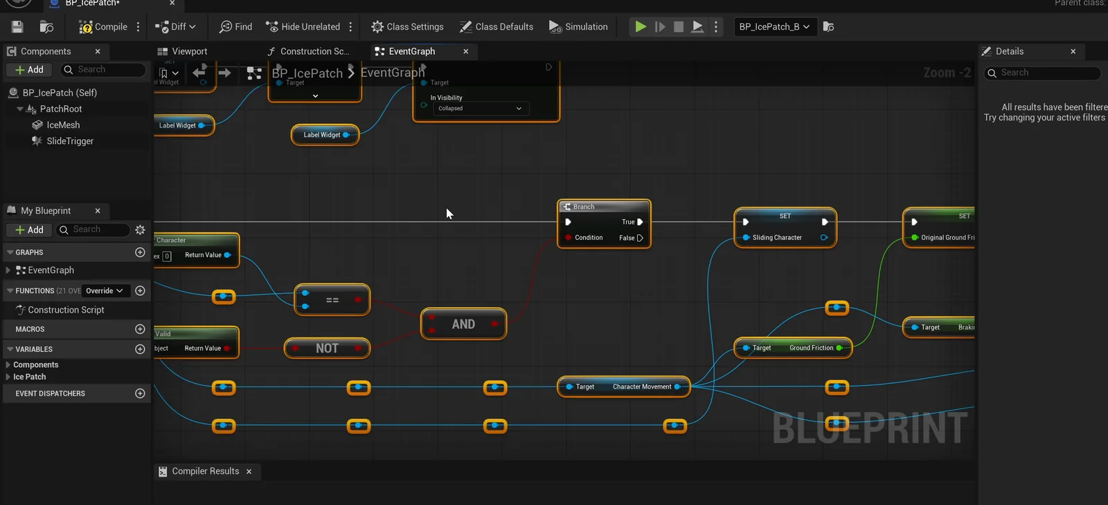 The BP_IcePatch event graph with the enter and exit logic