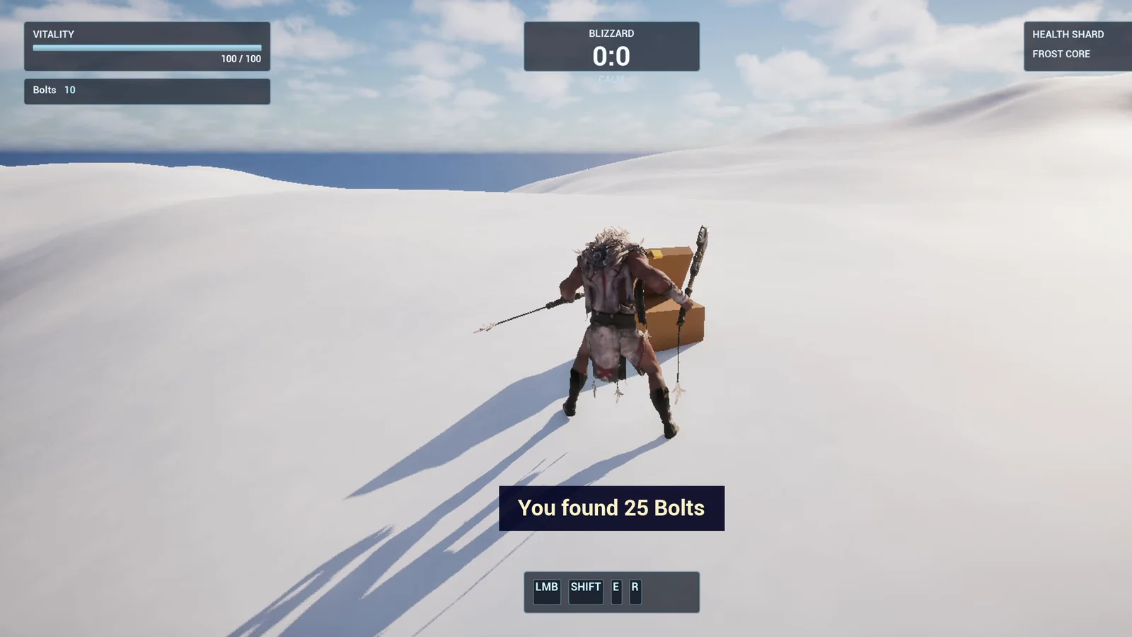 The player next to the open chest with the message You found 25 Bolts at the bottom of the screen