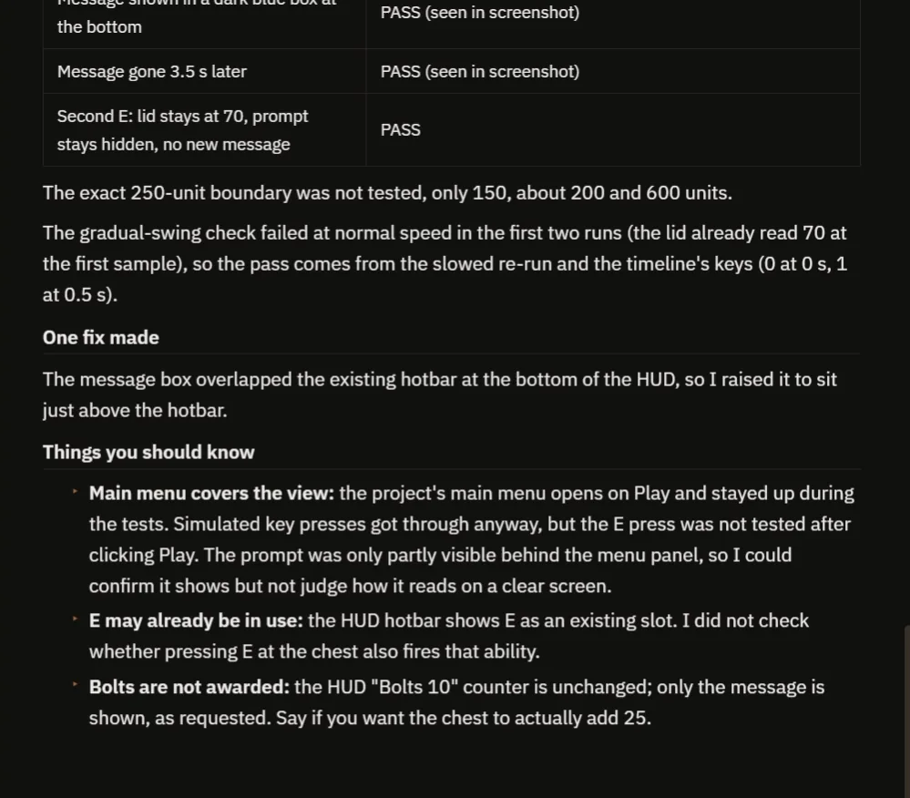 The AI report with the passing checks, the one fix and the things to know