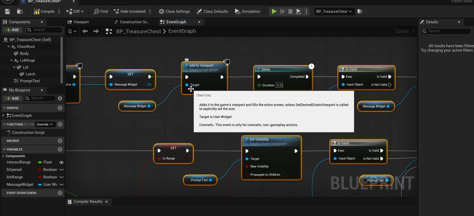 The BP_TreasureChest event graph with the message widget and visibility logic