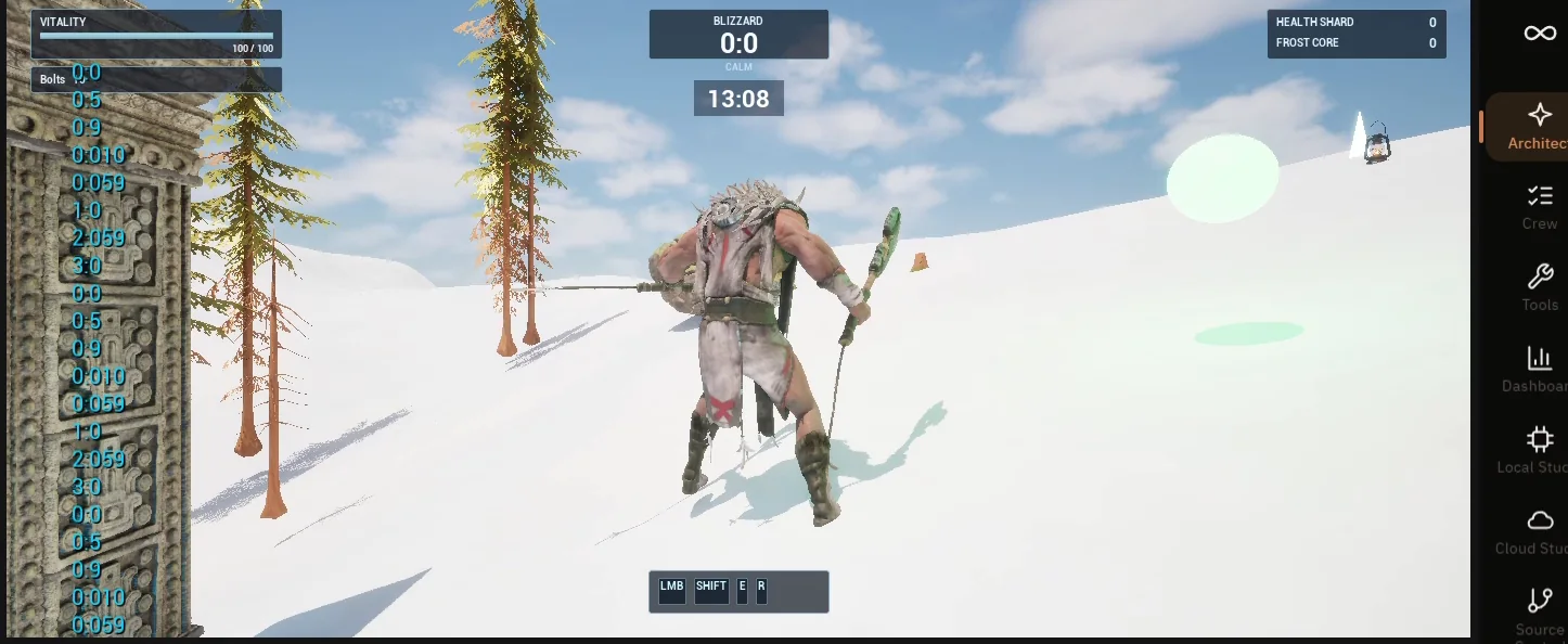 The player in the running game with glowing green pickups on the snow