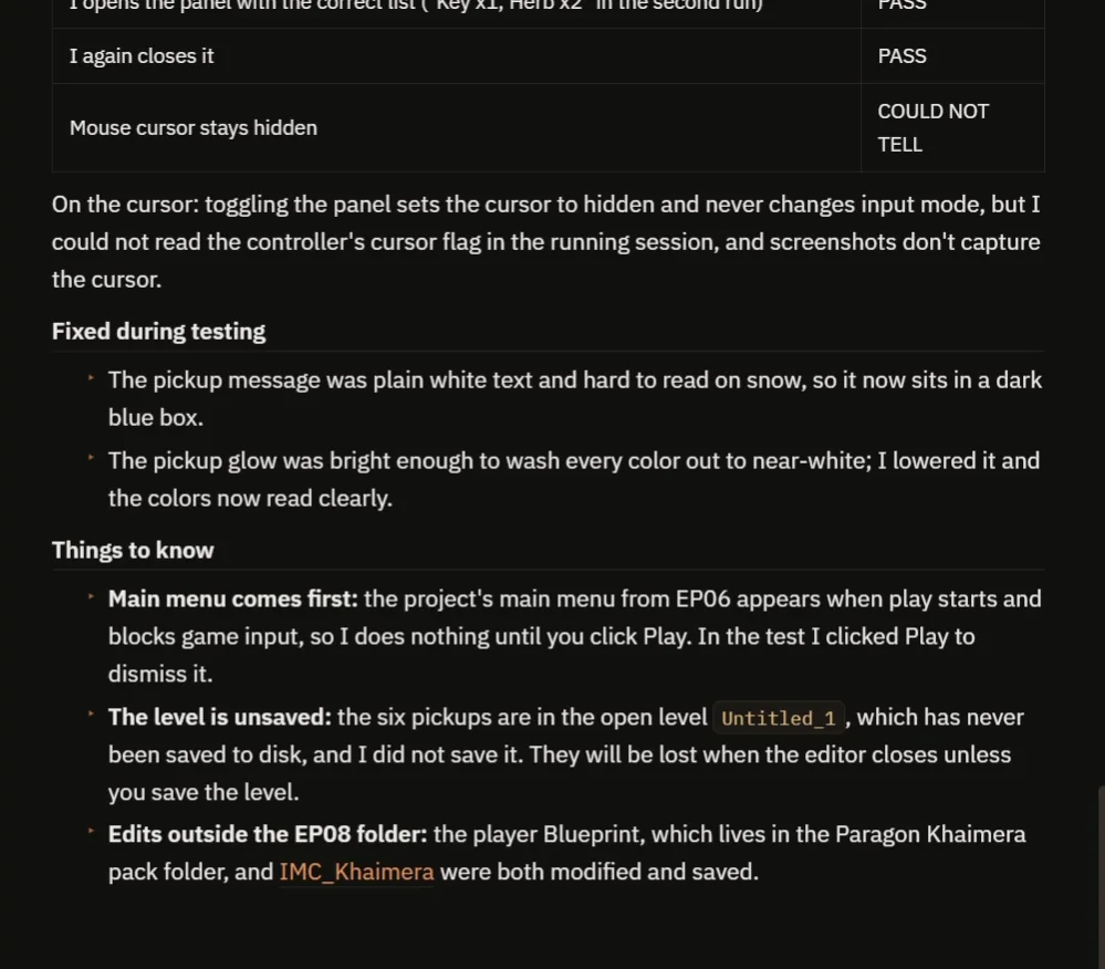 The AI report with the passing checks, the cursor note and the things to know