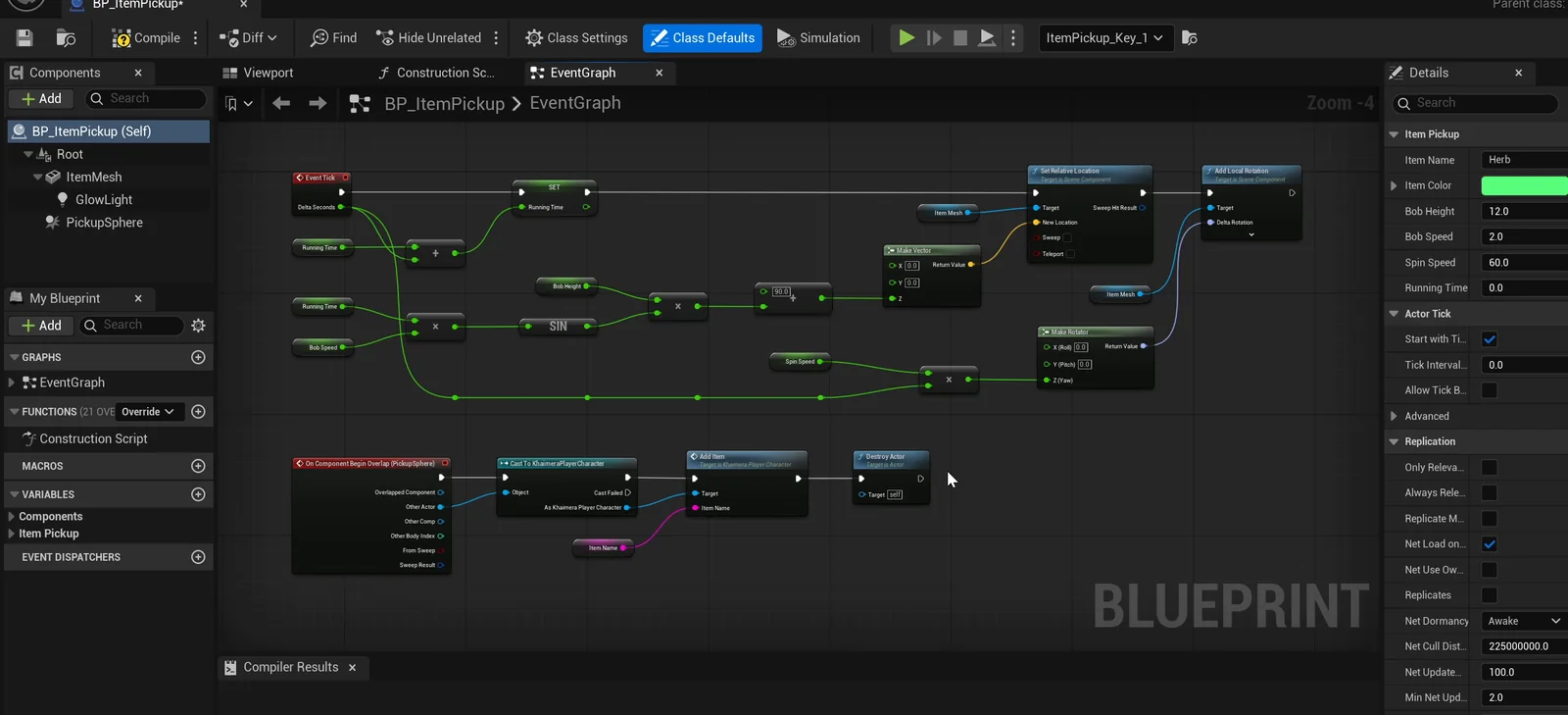 The BP_ItemPickup event graph with item name and item color variables