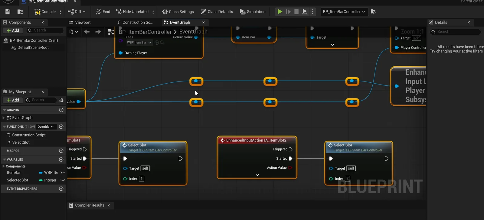 The BP_ItemBarController event graph with the Select Slot calls and the Enhanced Input actions