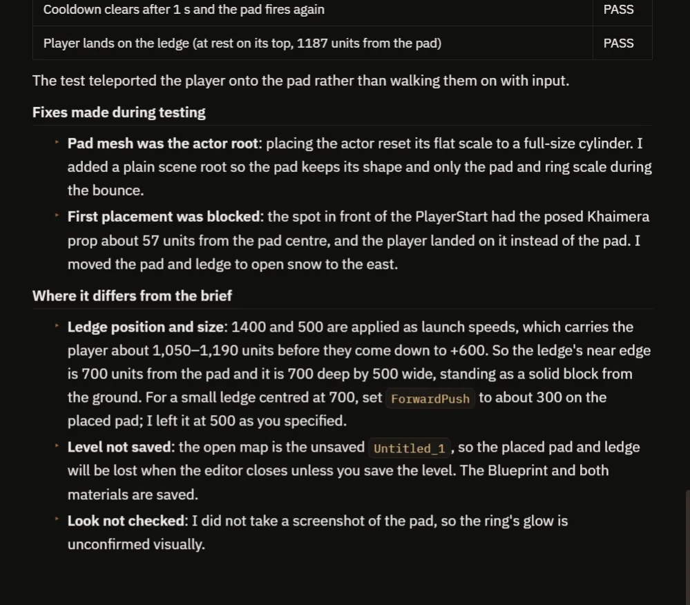 The AI report with the fixes made during testing and where the result differs from the request