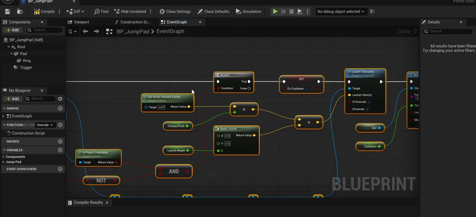 The BP_JumpPad event graph with the cooldown check and the launch node