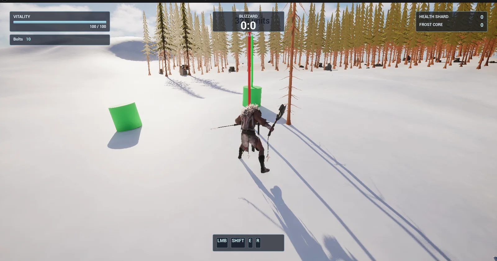 A green dummy lying in the snow after a hit, with the red and green marker pillars behind it and the distance text faint against the sky