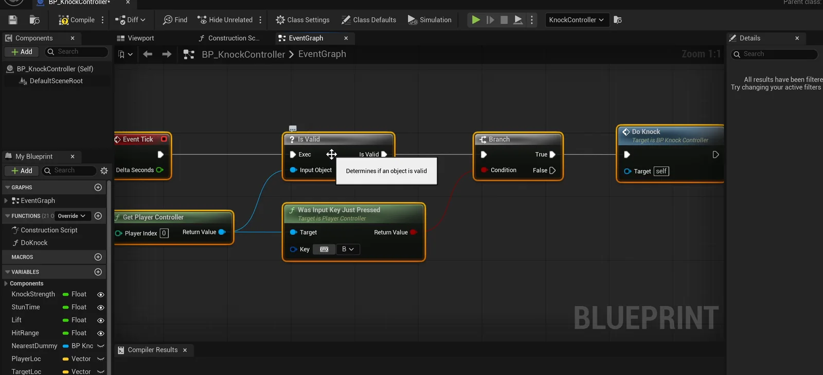 The BP_KnockController event graph with Event Tick, a Was Input Key Just Pressed node for the B key and a Do Knock call