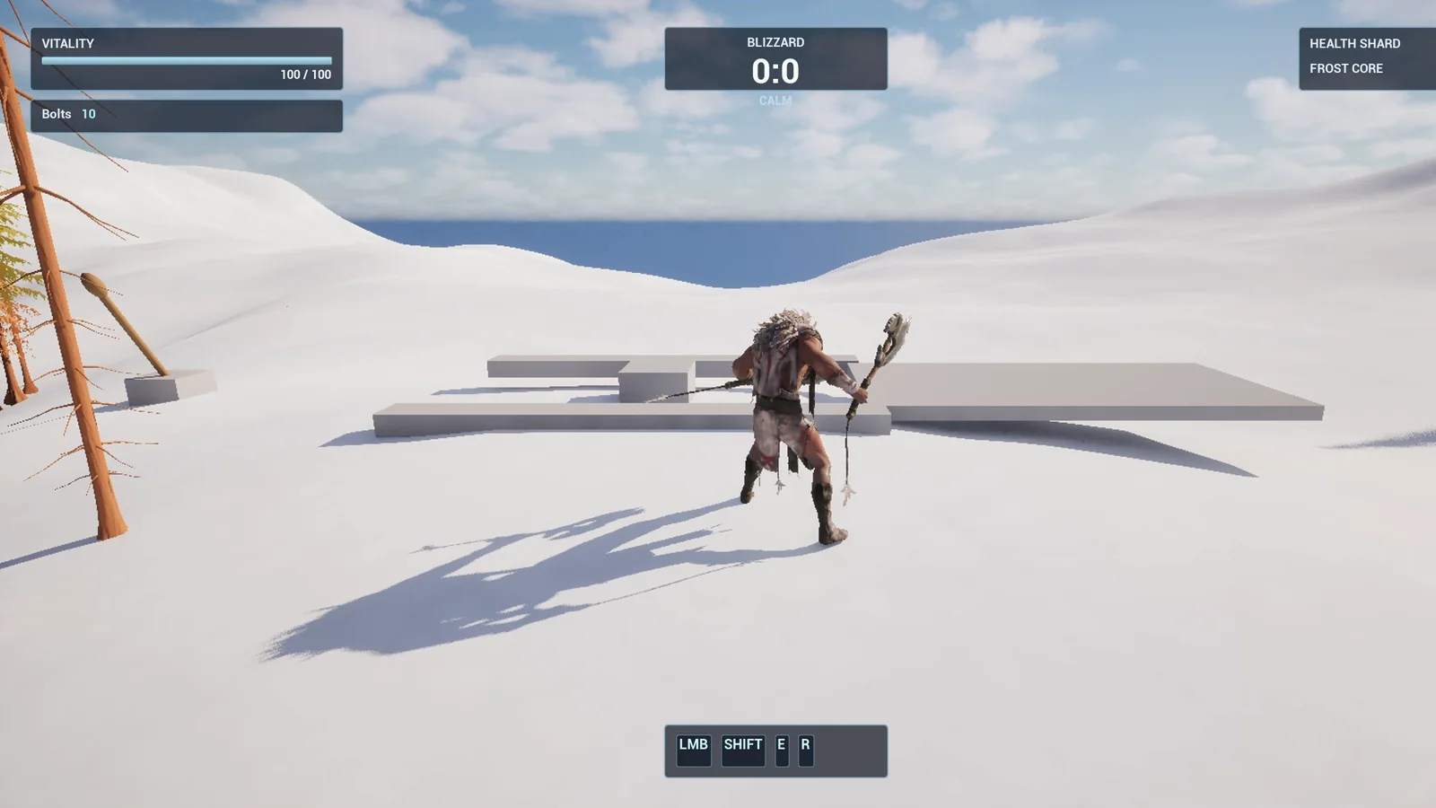 The player on the snow near the stone bridge deck