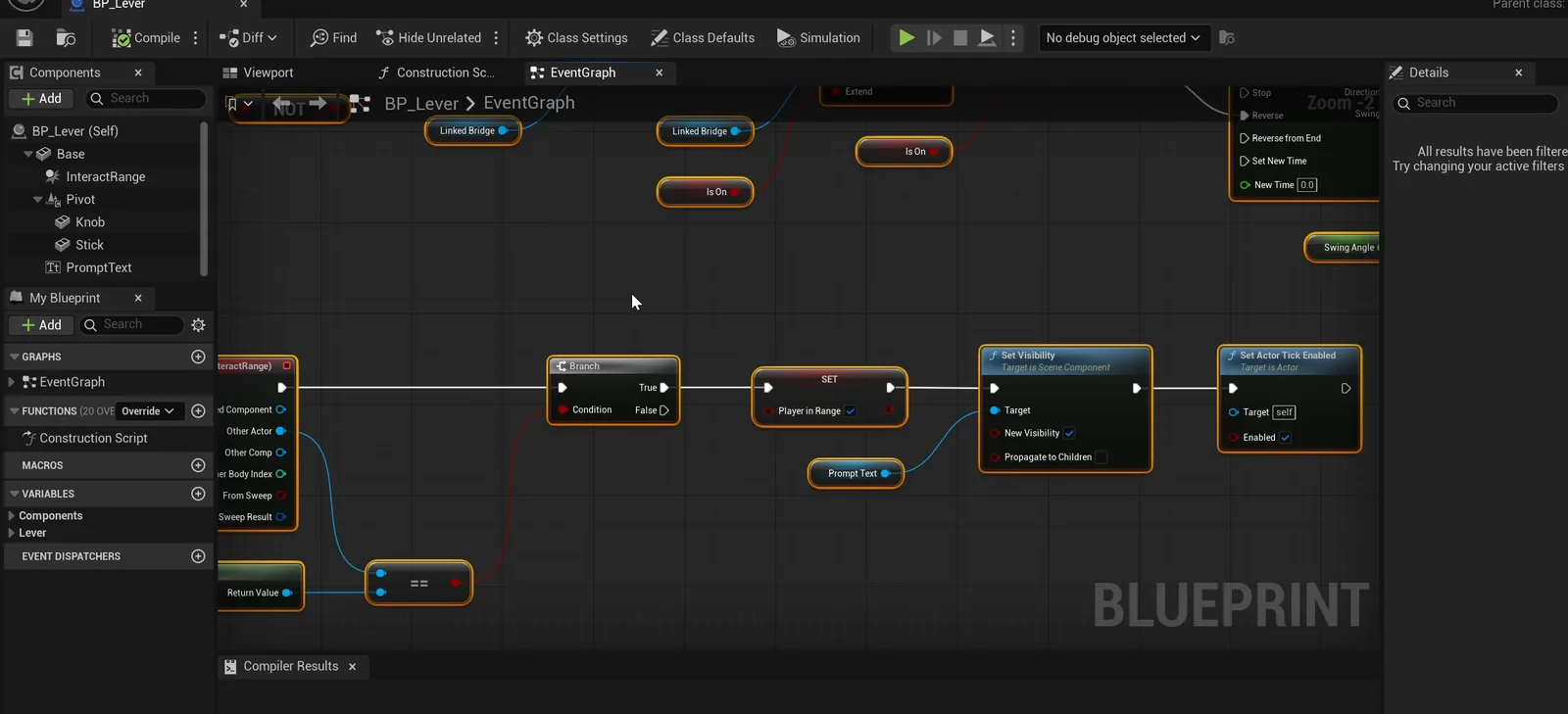 The BP_Lever event graph with the range check, the on and off state and the timeline