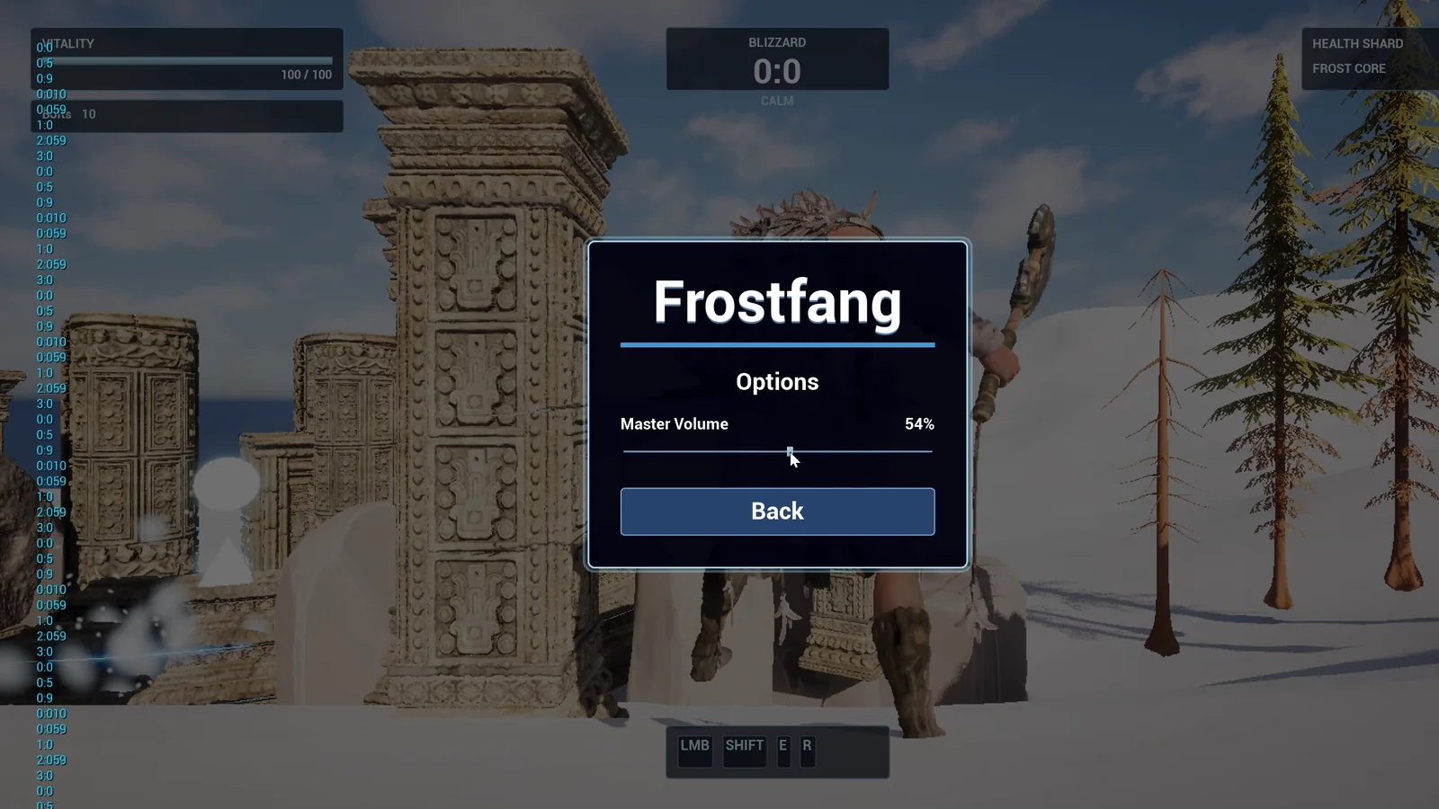 The Frostfang options panel in the running game with the Master Volume slider at 54 percent and a Back button