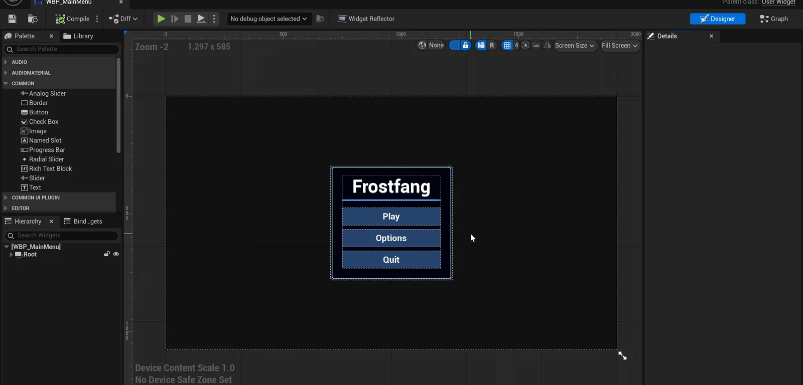 The WBP_MainMenu widget in the UMG designer with the title and three buttons
