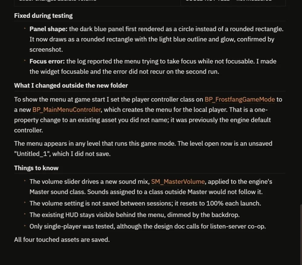 The AI report listing the fixes, the one change outside the new folder and the things to know