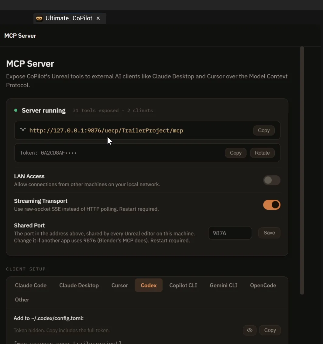 The MCP Server screen in Ultimate Engine CoPilot showing Server running, the editor address and the hidden token