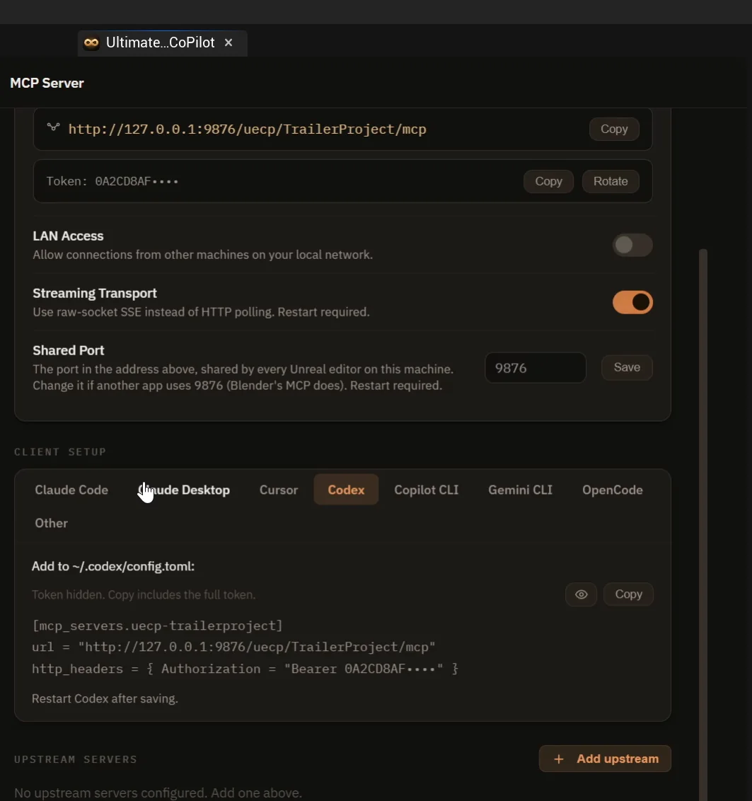 The client setup tabs for Claude Code, Claude Desktop, Cursor, Codex, Copilot CLI, Gemini CLI and OpenCode with the Codex config shown