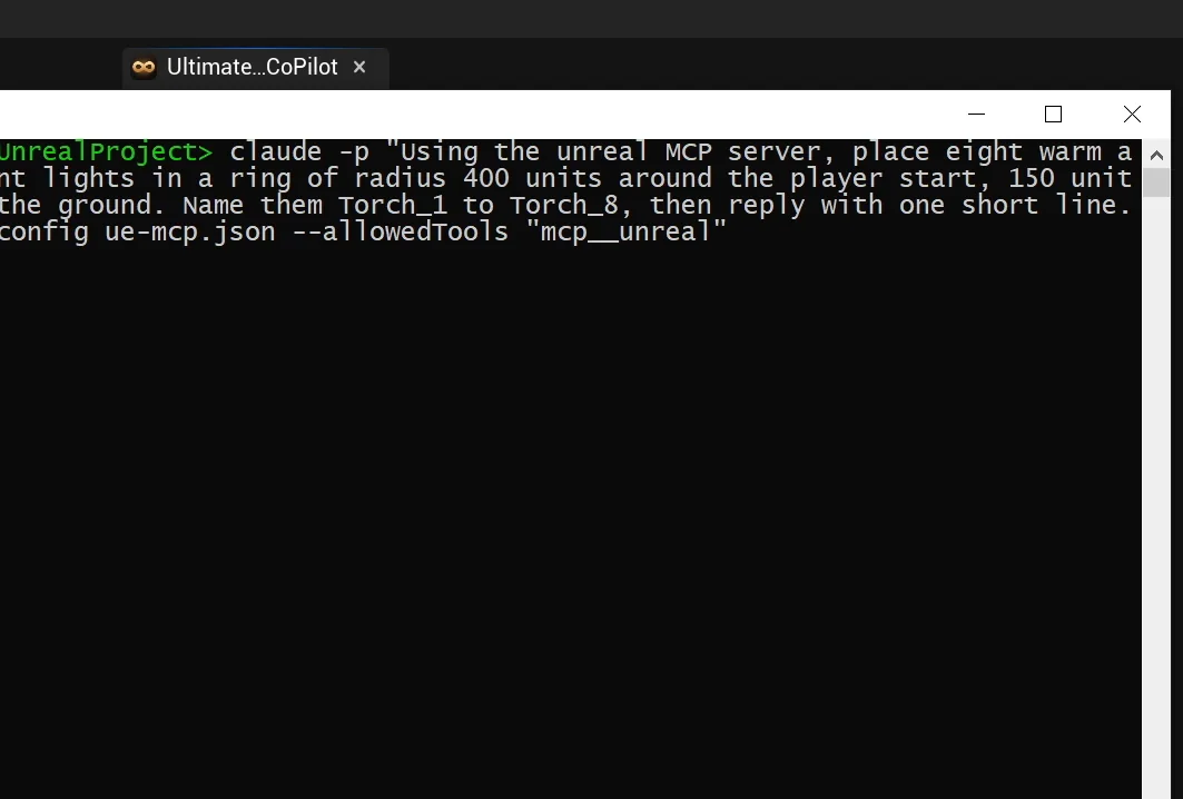 A terminal running a Claude Code command that asks the Unreal MCP server to place eight lights