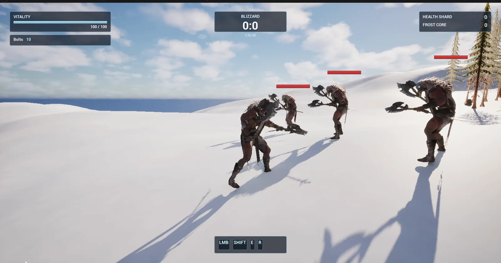 Three training brutes standing in the snow with red health bars above their heads
