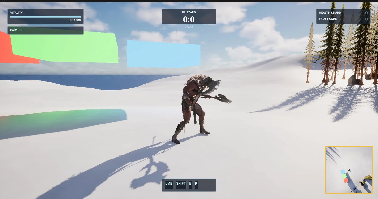 The player in the snow with red, green and blue marker pillars at the top left and the minimap in the bottom right corner