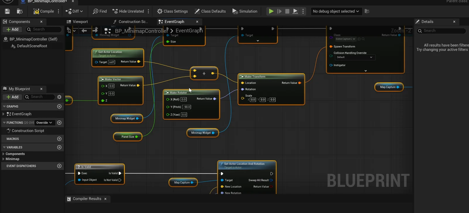 The BP_MinimapController event graph that places the capture above the player and rotates it
