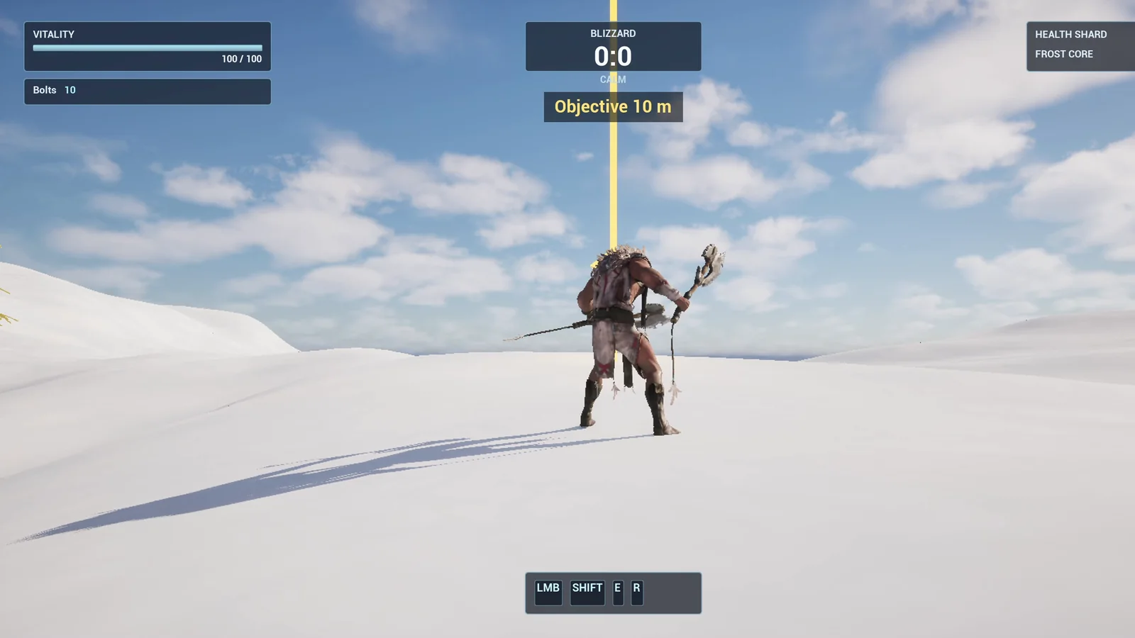 The gold objective beam in the distance and the Objective 10 m text at the top of the screen