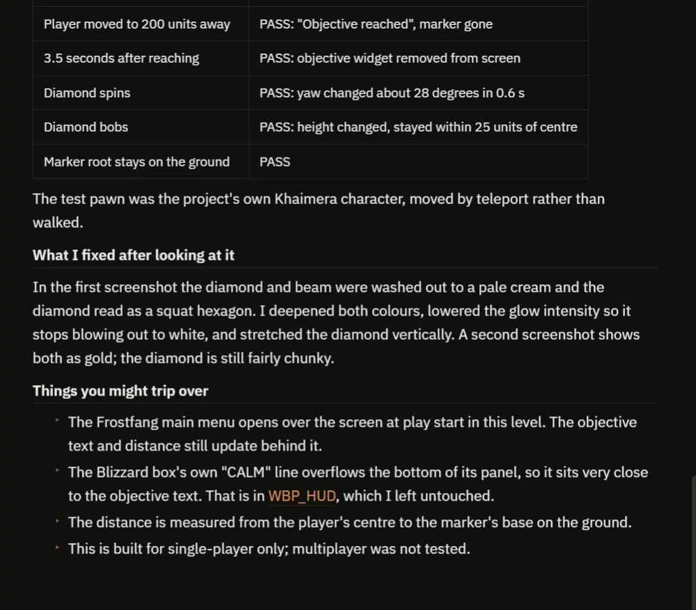 The AI report with passing checks and notes on what it fixed after looking at the screenshot