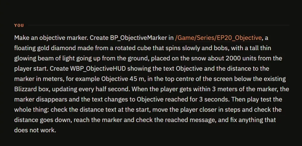 The same prompt typed into the CoPilot chat, followed by the AI reading the project