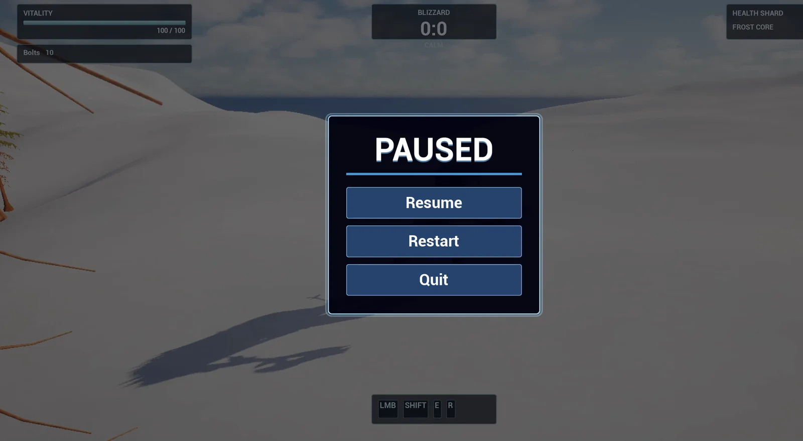 The PAUSED panel with Resume, Restart and Quit buttons over a frozen snow scene