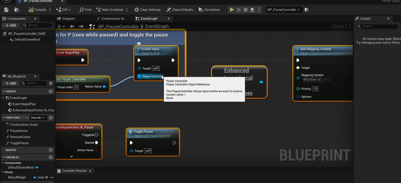 The BP_PauseController event graph with Enhanced Input and the Toggle Pause event
