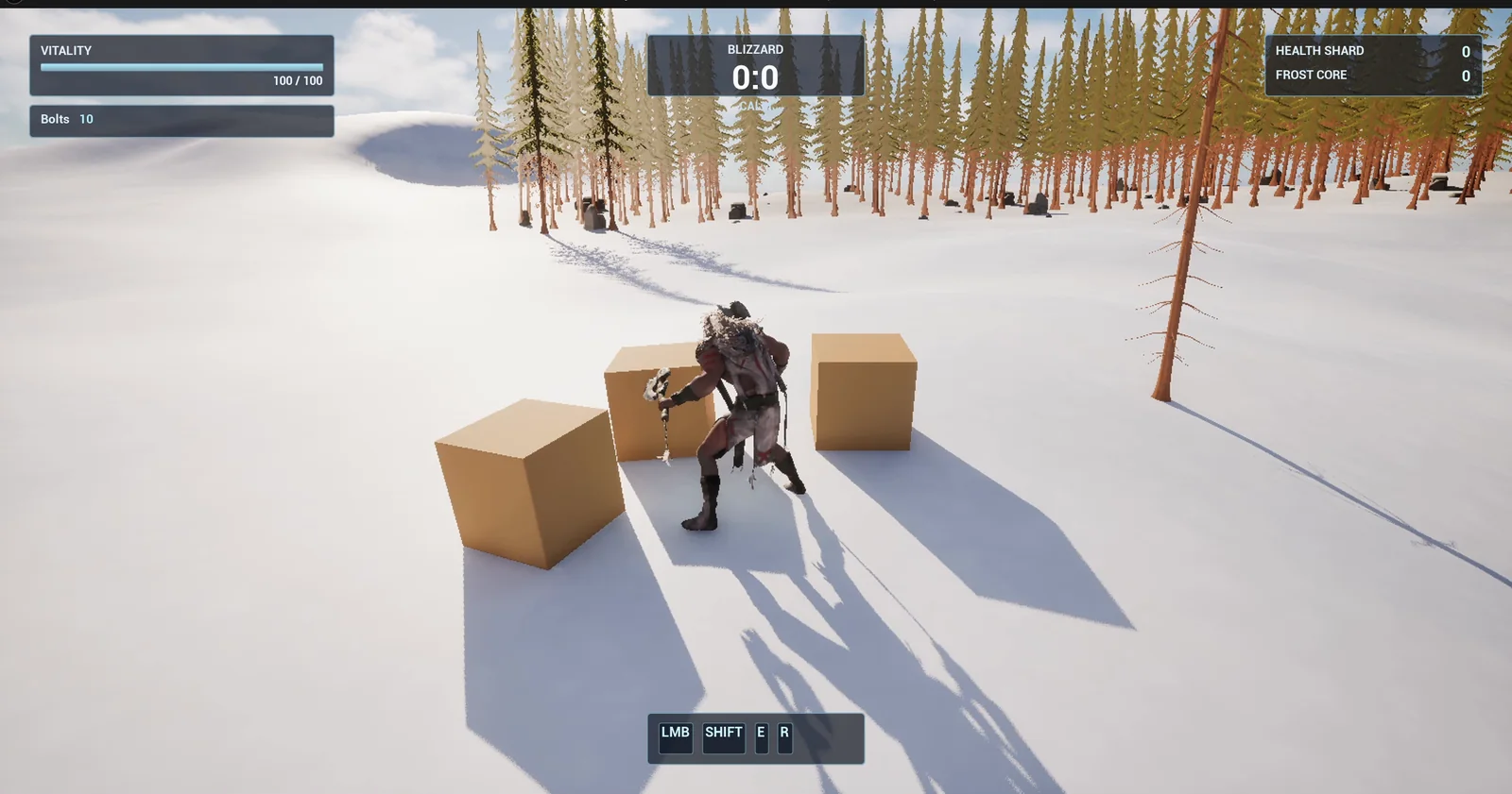 The player standing next to wooden crates in the snow