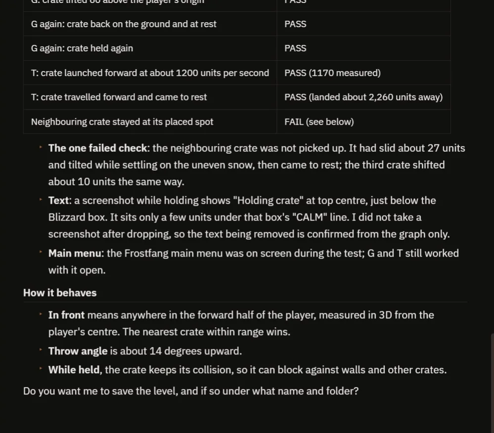 The AI report with the carry checks, the one failed check and how the system behaves