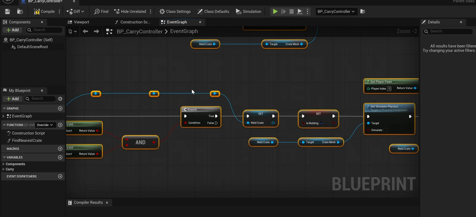 The BP_CarryController event graph with the pickup, drop and throw events