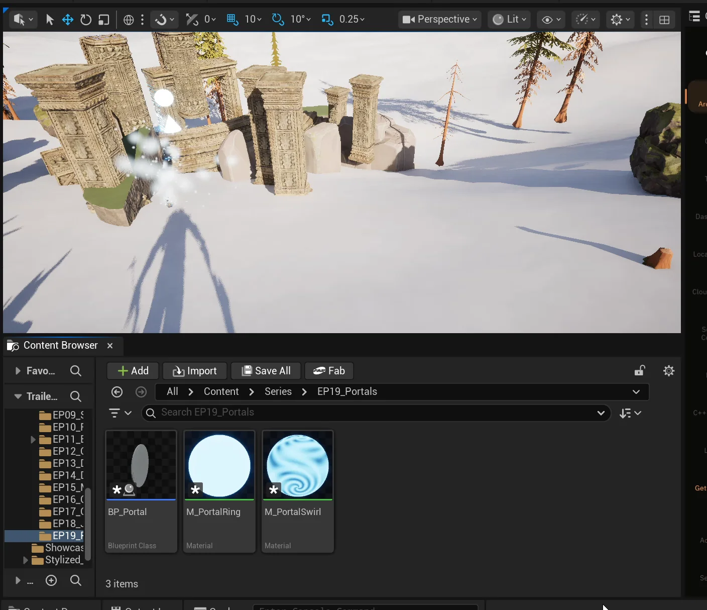 The Content Browser with BP_Portal, M_PortalRing and M_PortalSwirl in the EP19_Portals folder