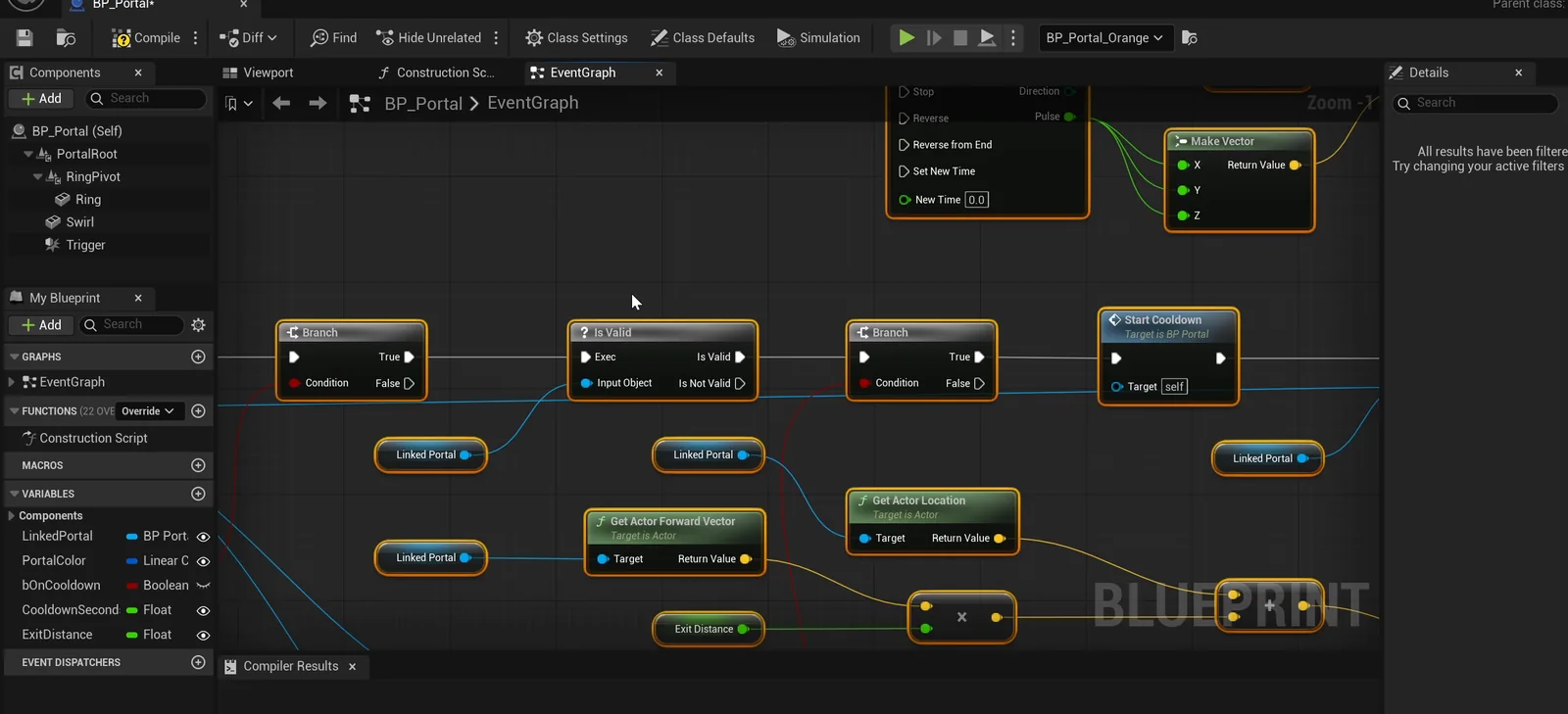 The BP_Portal event graph and its LinkedPortal, PortalColor, bOnCooldown, CooldownSeconds and ExitDistance variables