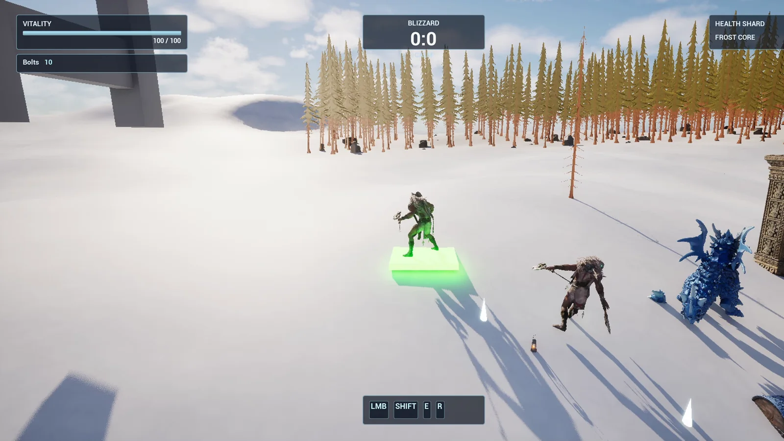 The pressure plate glowing green under the player on the snow