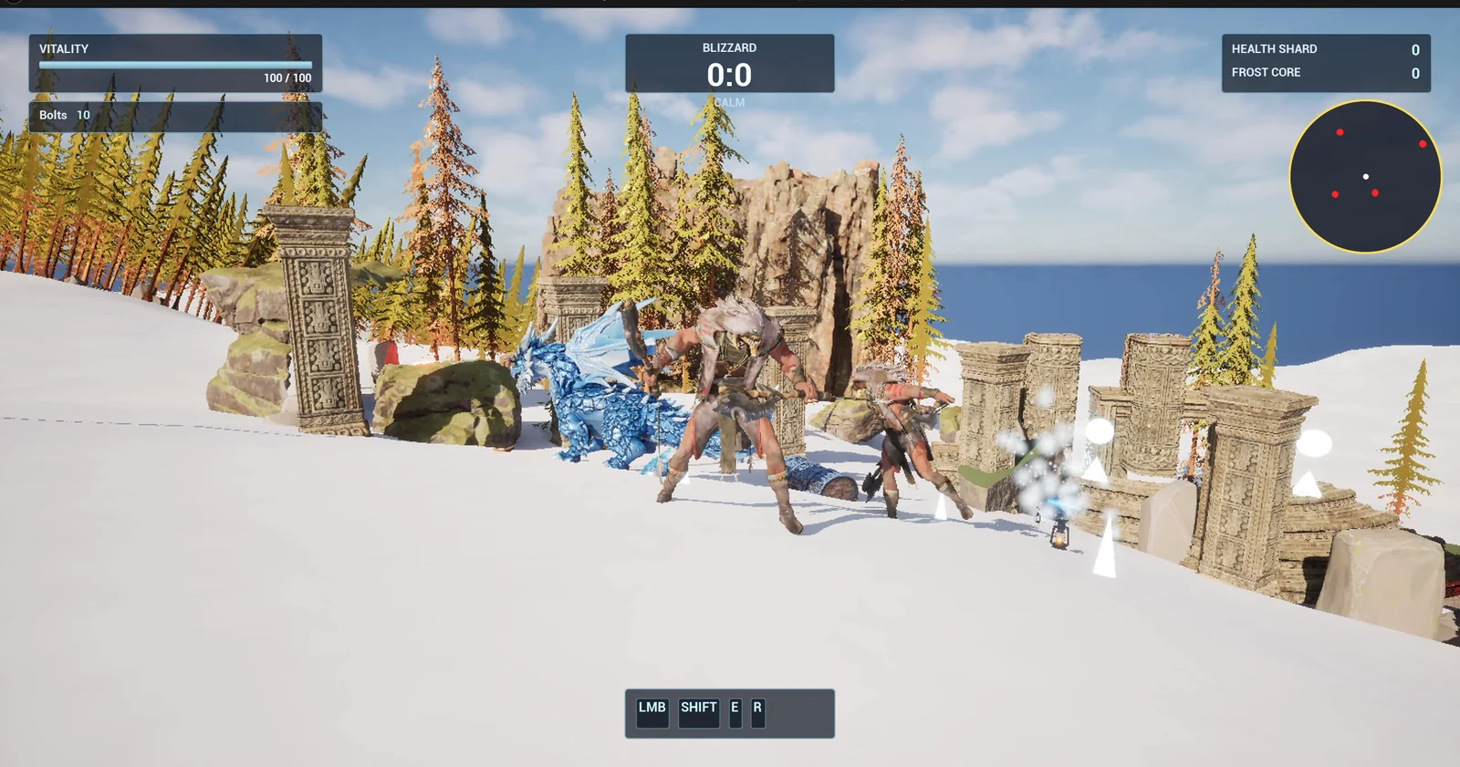 The player standing among ruins with the round radar and its red dots at the top right of the screen