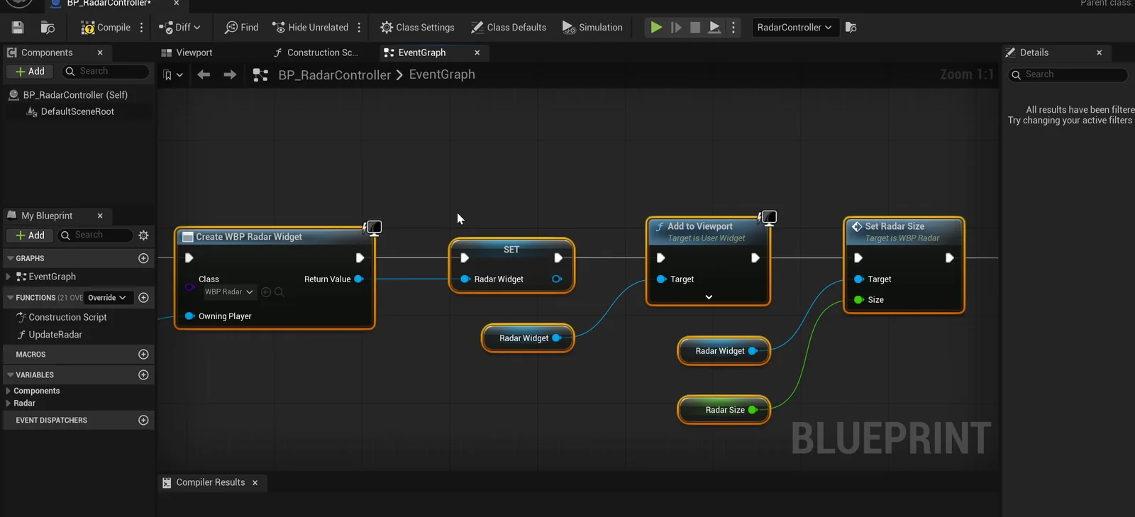 The BP_RadarController event graph that creates the radar widget and adds it to the viewport