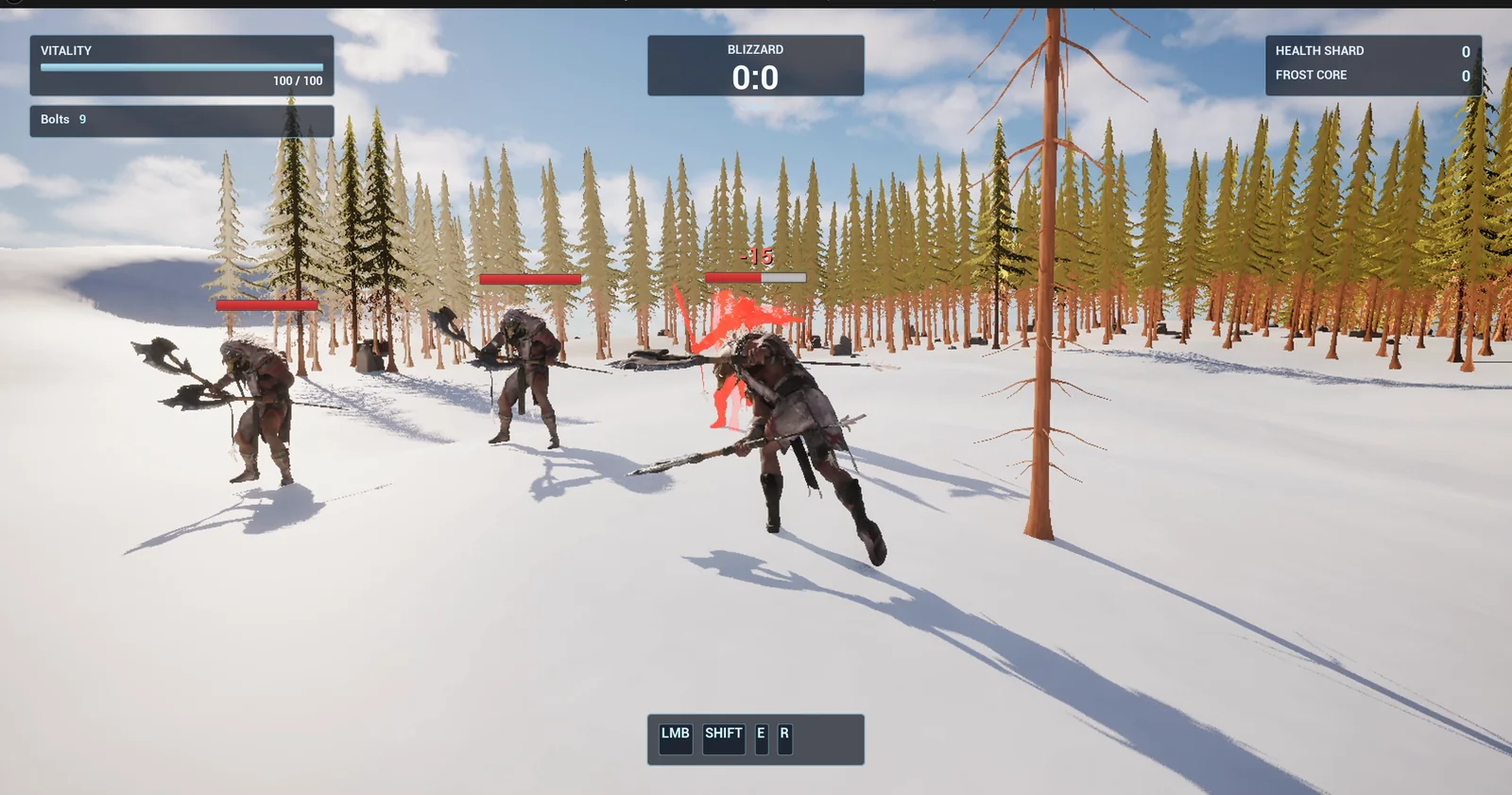 Three training brutes in the snow, one flashing red after a hit, with the Bolts counter in the top left