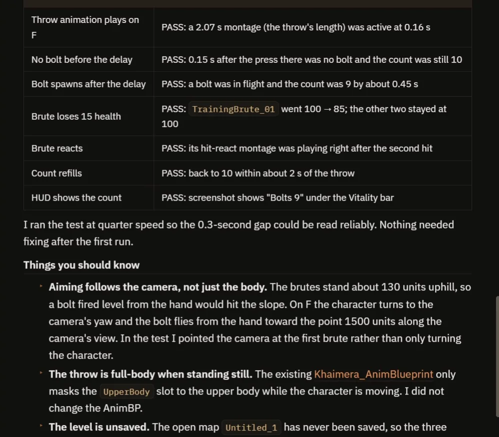 The AI report with the timing checks and the notes on aiming and the throw animation