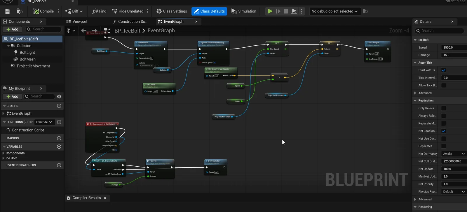 The BP_IceBolt event graph with projectile movement and the hit logic