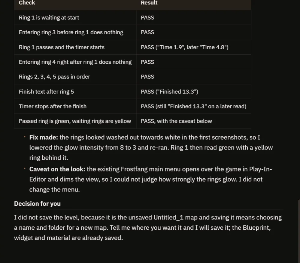The AI report with the table of checks and the notes on the glow fix
