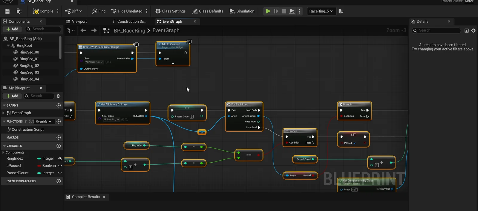 The BP_RaceRing event graph with RingIndex, bPassed and PassedCount variables