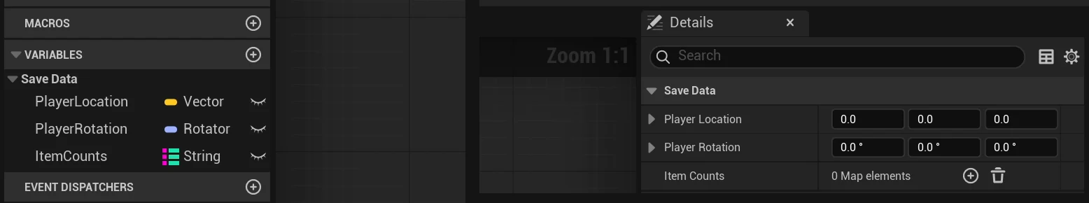 The SG_PlayerSave class with PlayerLocation, PlayerRotation and ItemCounts variables