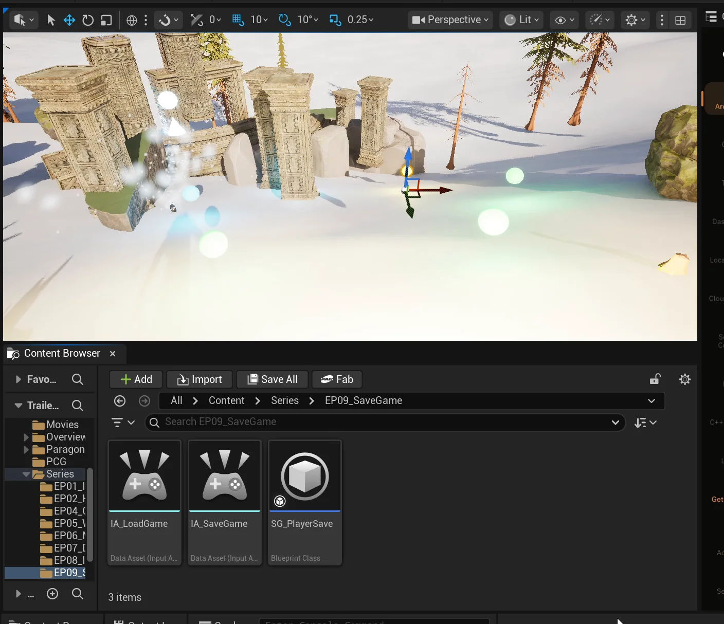 The Content Browser with IA_LoadGame, IA_SaveGame and SG_PlayerSave