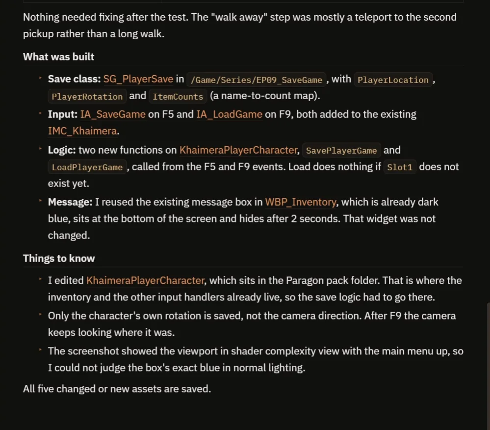 The AI report listing what was built and the things to know about the save logic